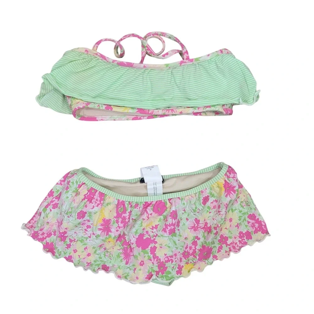 Ralph Lauren Girls Pink Green Floral Striped Ruffle Skirted Bikini Swimsuit 6‎